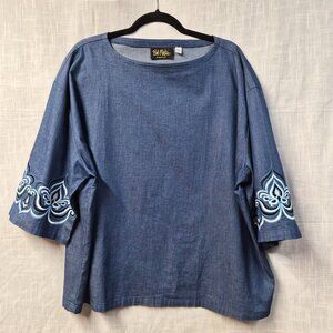 Bob Mackie Blue Embroidered Wearable Art Blouse Size XL